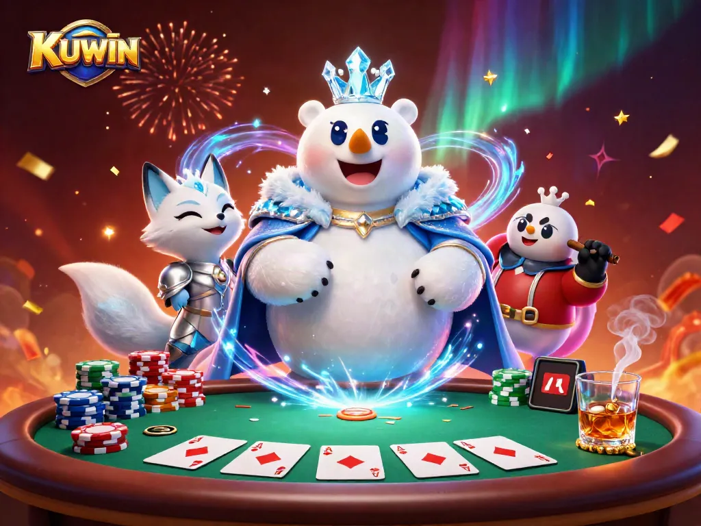 Engage with KUWIN at a vibrant casino scene featuring colorful poker chips and cards.