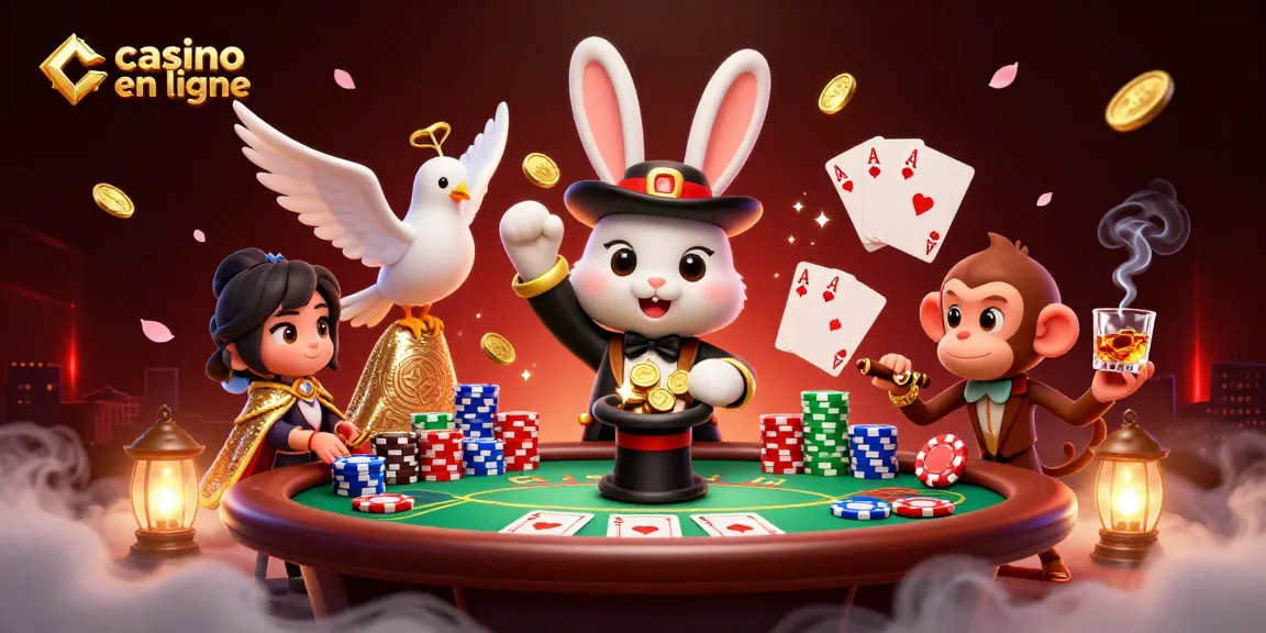 Des personnages de casino en ligne animés s'affrontent en jouant, avec des pièces d'or et des jetons de poker.