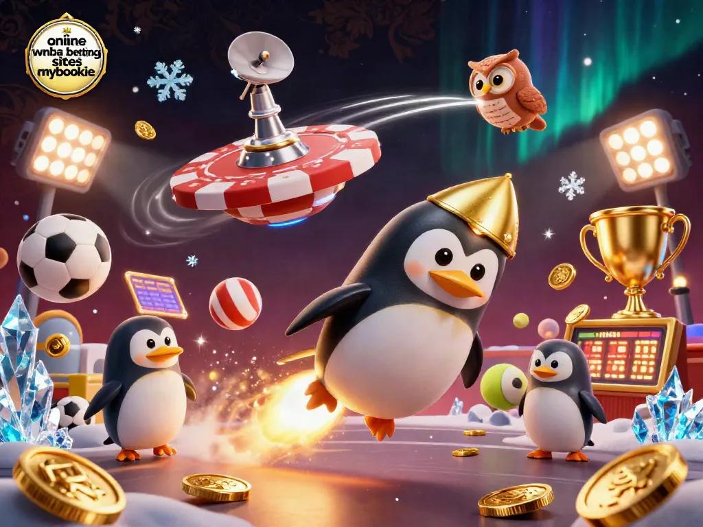 Bet on women's basketball with exciting action at online wnba betting sites mybookie featuring 3D penguin and sports elements.