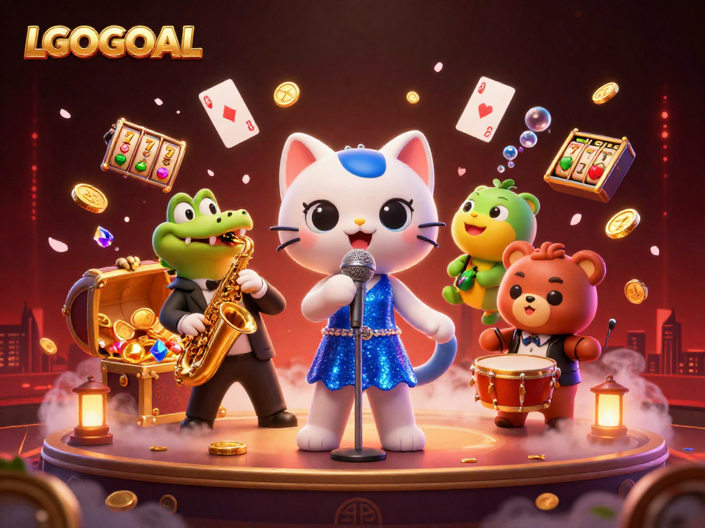 Enjoy thrilling games at LGOGOAL with lively characters amidst gold treasures and slot reels!