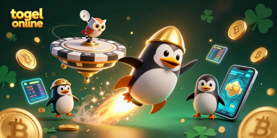 Experience the fun of togel online with a 3D illustration of a golden penguin soaring through a cosmic casino setting.