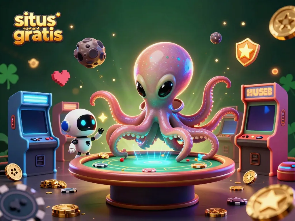 Experience situs slot gratis with a 3D cartoon alien octopus at a holographic poker table, surrounded by dynamic gaming elements.