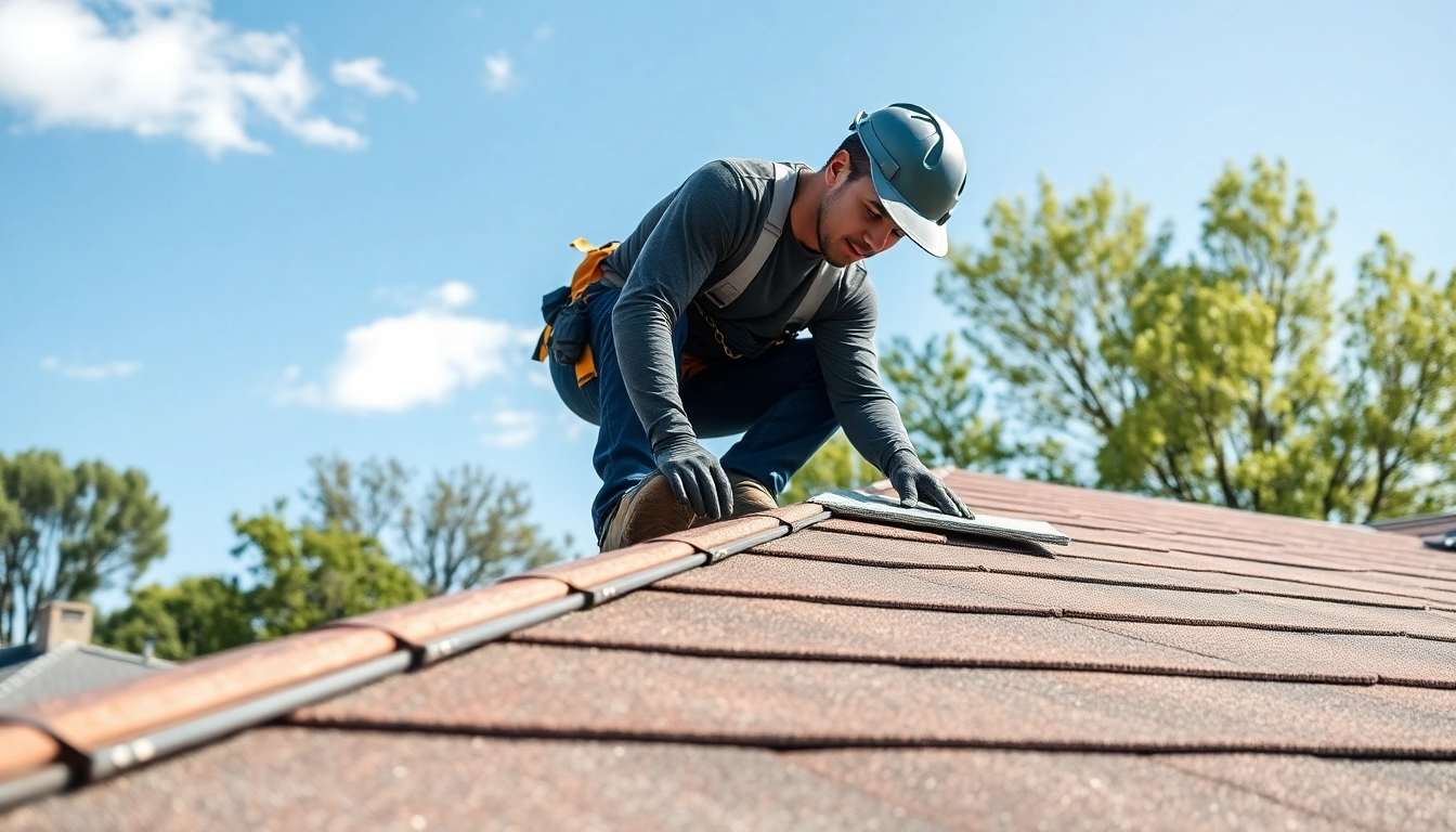 Roofer performing Кровельные работы Узда on a residential rooftop with sunny surroundings.