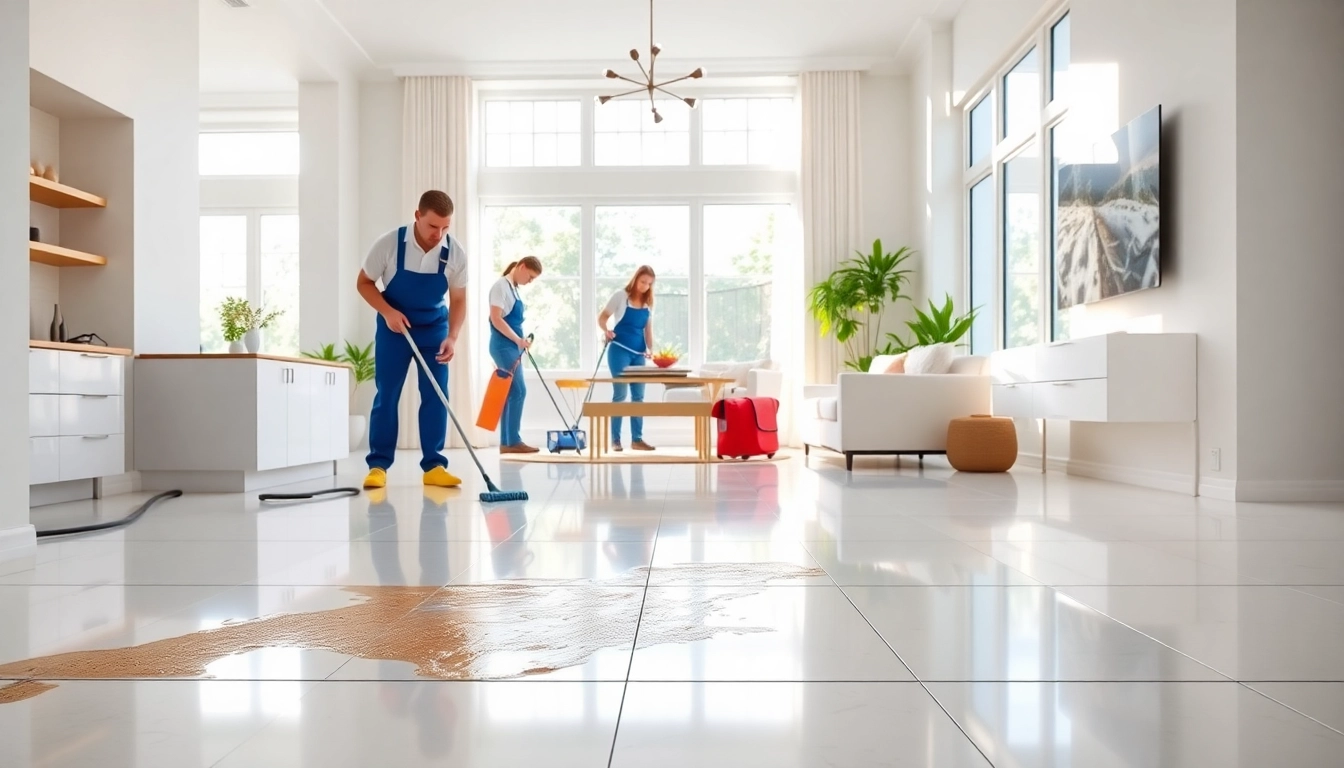 Team performing bond cleaning in a bright home, emphasizing thoroughness and professionalism.