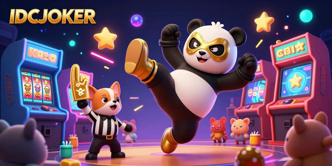 IDCJOKER engages players with vibrant 3D illustration showcasing online gambling excitement and dynamic elements.