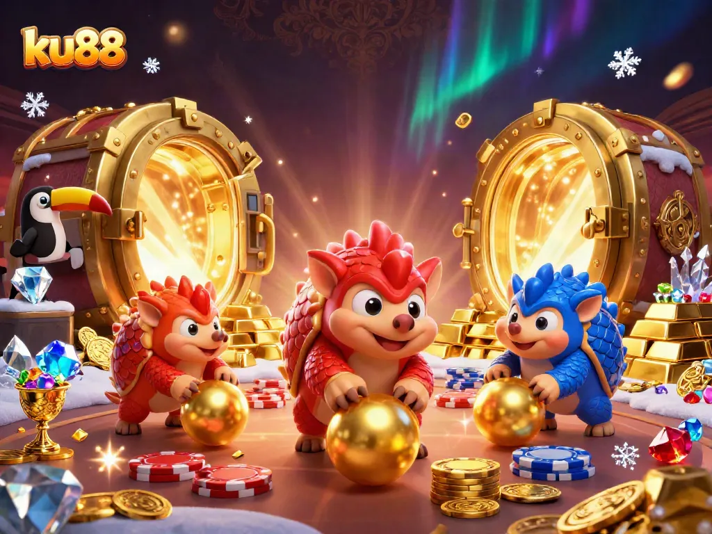 Win big with ku88 in a dynamic 3D gambling scene featuring vibrant pangolins and treasure elements