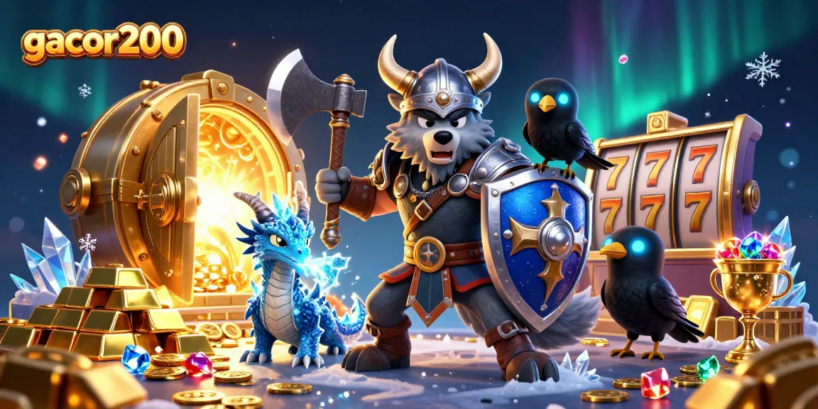 Mainkan gacor200 dengan karakter Viking dan harta karun yang menarik dalam ilustrasi kasino 3D.