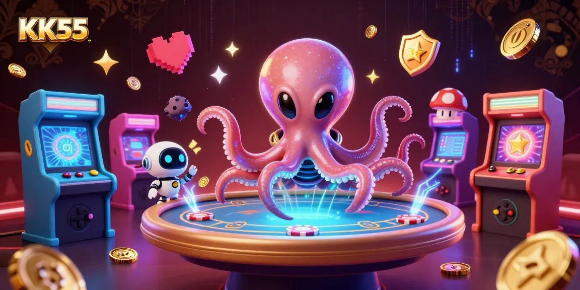 Play exciting games at KK55 with vibrant casino elements and unique characters in a thrilling 3D digital scene.