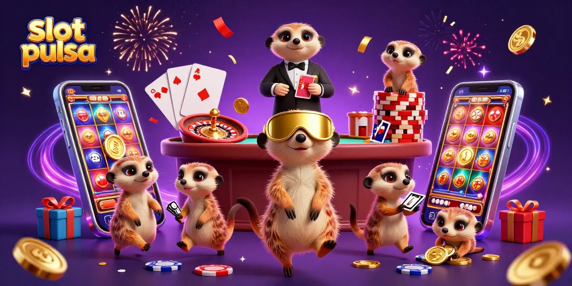 Experience exciting slot pulsa gameplay with lively meerkats and dynamic casino elements.