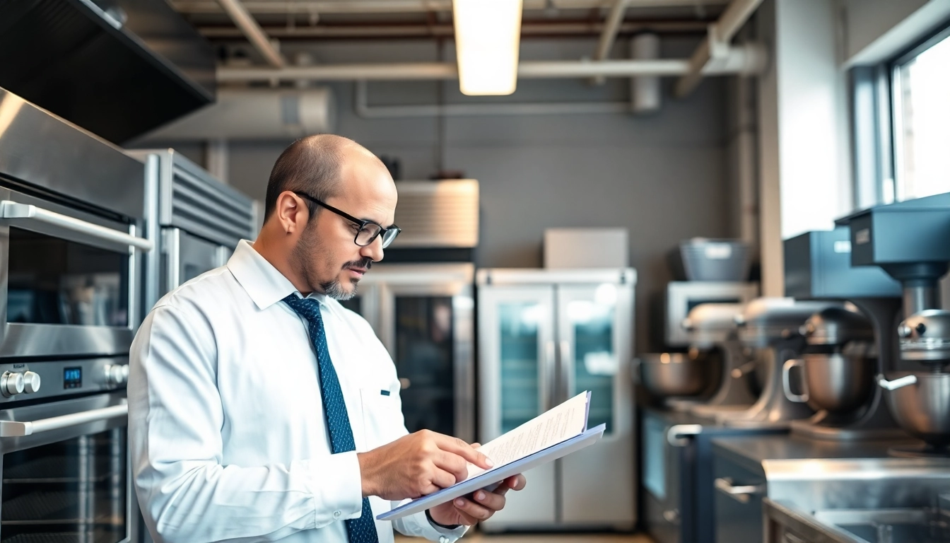 Evaluating restaurant machinery as a qualified Restaurant Equipment Appraiser in a well-lit office.