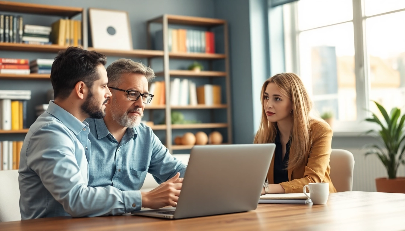 seo expert consulting with client in modern office, discussing strategies.