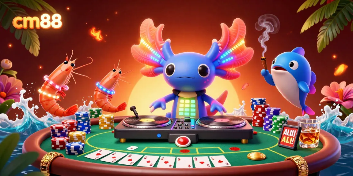 Experience thrilling gaming action at cm88 with a vibrant underwater casino scene featuring axolotl DJ and colorful poker elements.