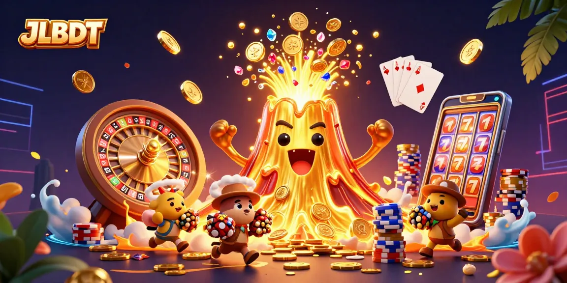 Experience thrills at JLBDT with golden eruptions of coins and treasure in a vibrant casino scene.