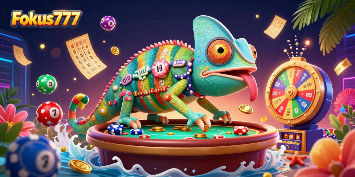 Engage in exciting gaming visuals with Fokus777 featuring vibrant chameleon and dynamic casino elements.