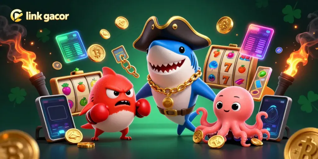 Experience the thrill of link gacor with this dynamic casino-themed illustration filled with vibrant characters and gaming elements.