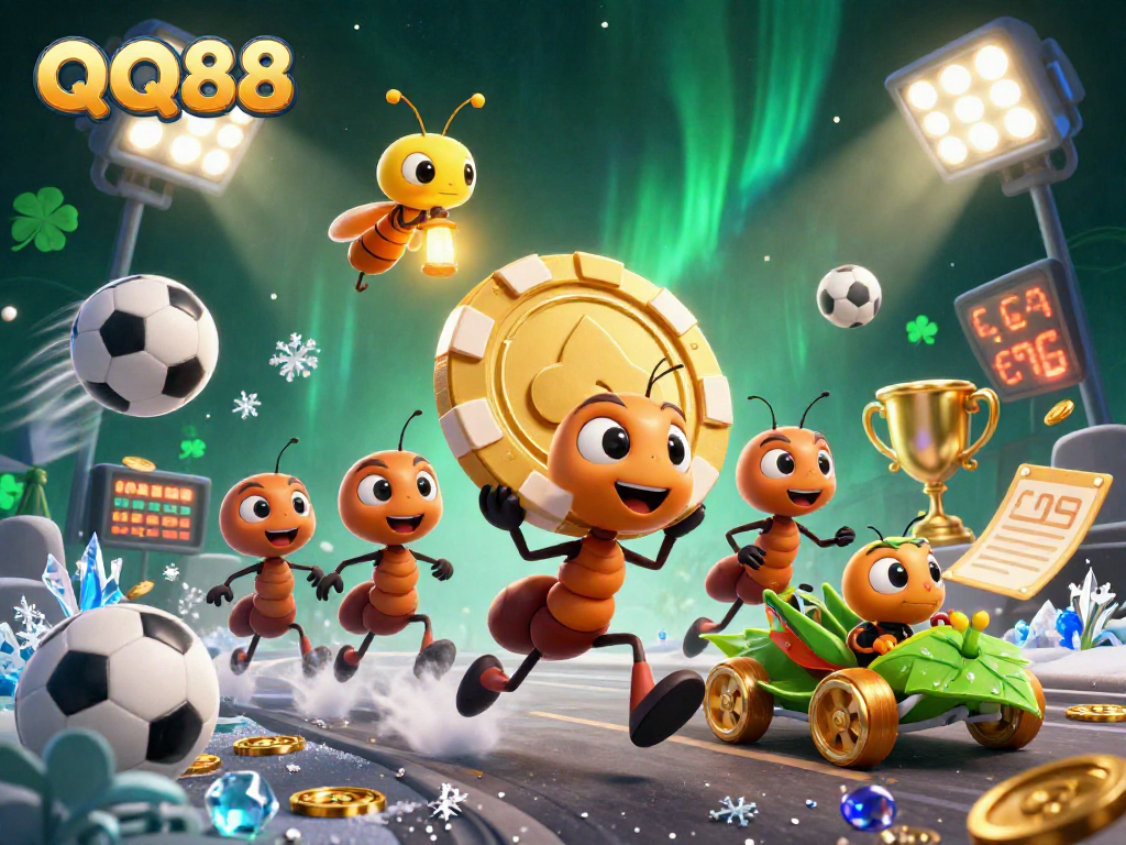 Experience the excitement of QQ88 with a heist scene featuring ants and golden poker chip.
