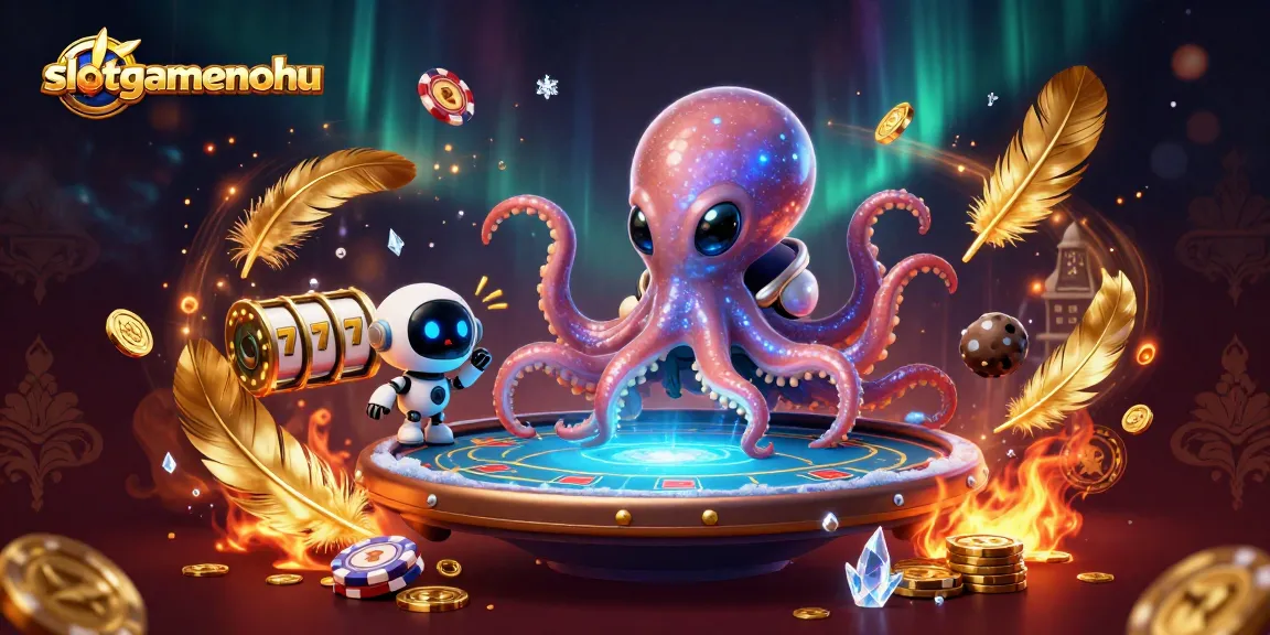 Engage with slotgamenohu's thrilling 3D casino scene featuring an alien octopus and a robot.