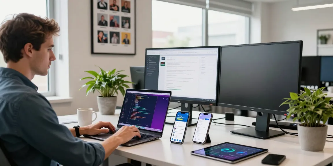 Buy iOS installs from a tech-savvy developer in a modern office working on app analytics and interfaces.