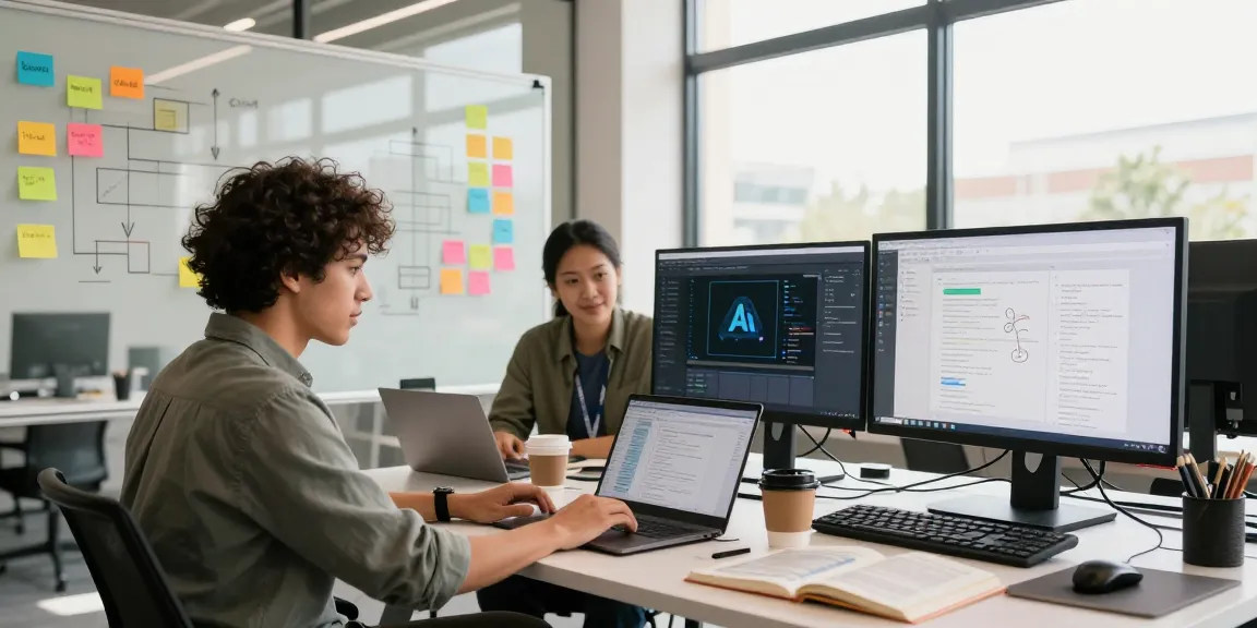 Developers collaborating to build internal tools with AI in a modern workspace.
