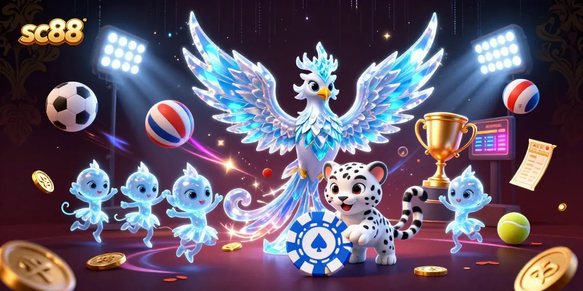 sc88 showcases a vibrant 3D scene with an ice phoenix and sports elements for online betting excitement