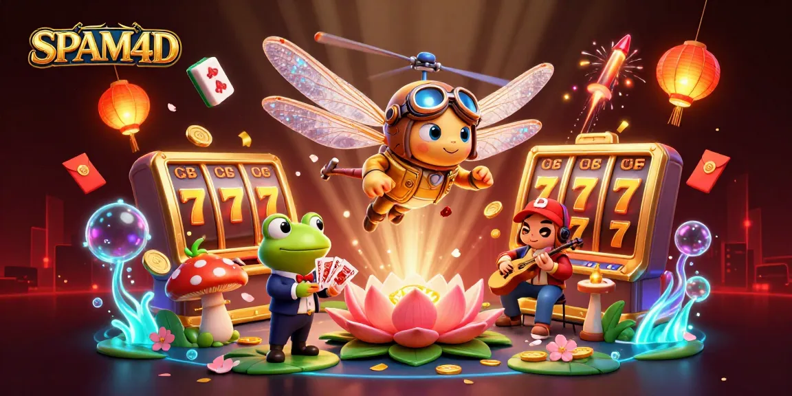 Gambar SPAM4D dengan pilot helikopter mengendalikan permainan di kasino lily pad yang berwarna-warni.