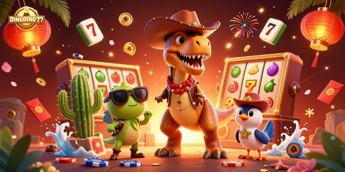 DINGDONG77 showcases an energetic 3D illustration with a cowboy dinosaur and casino elements, capturing thrilling gameplay.