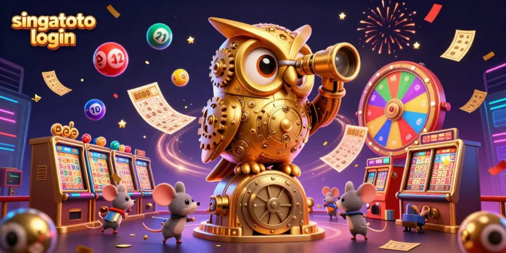 Join the action with the singatoto login featuring a whimsical scene of playful characters amid a lively casino environment.