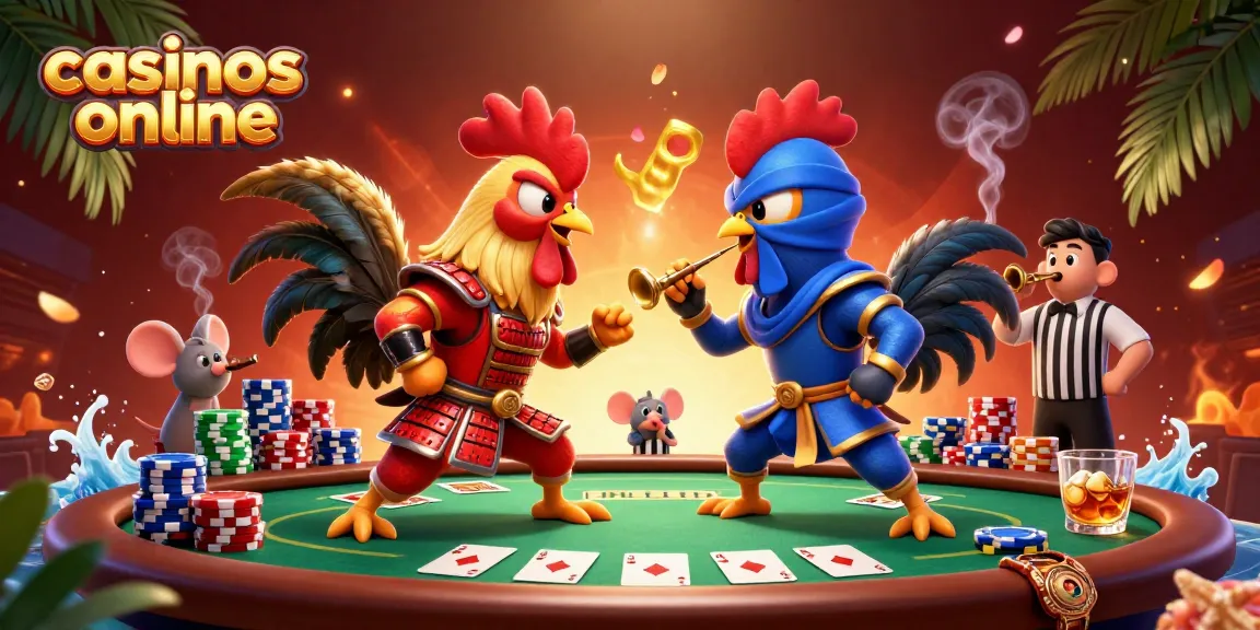 Los casinos online ofrecen torneos de póker animados con gallos luchadores en una ilustración vibrante.