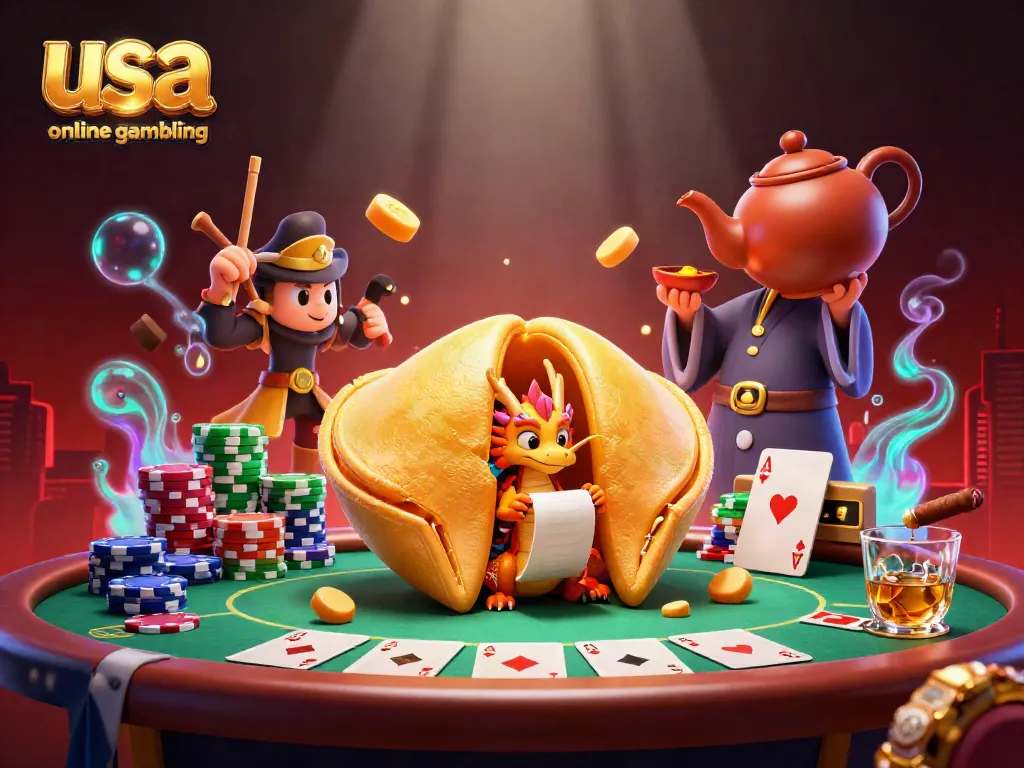 Engage in usa online gambling with a whimsical scene of a golden fortune cookie, poker elements, and animated characters.