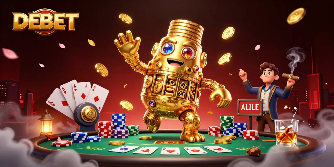 Experience the excitement of DEBET with a golden golem surrounded by dynamic casino elements.
