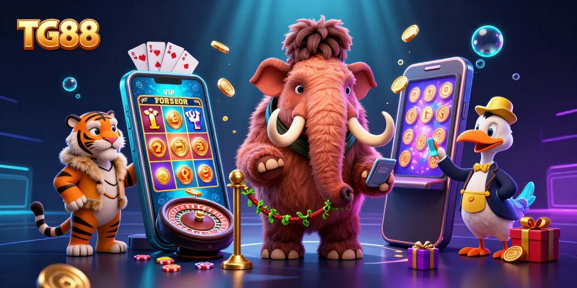 Experience the excitement of TG88 with vibrant slot games and animated characters at a bustling casino entrance.