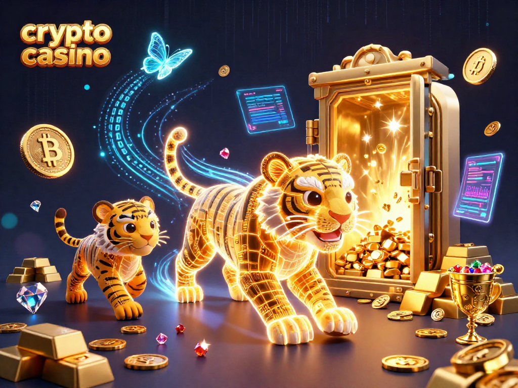 Jouez au crypto casino avec cette scène dynamique de jackpots en or et un tigre en fil de lumière.