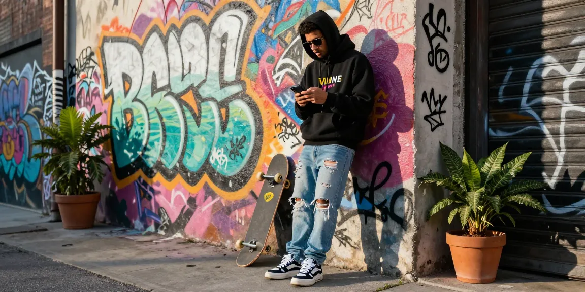 Stylish urban fashion model in a Vlone hoodie in vibrant alleyway, showcasing street culture.