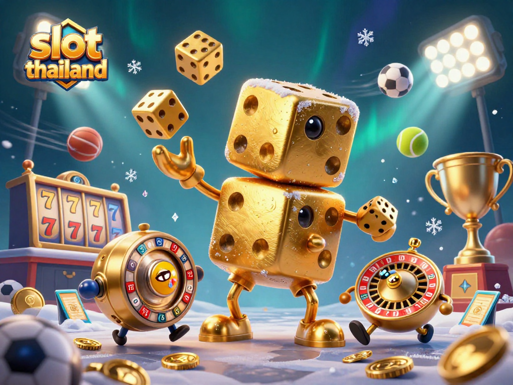 Engage with slot thailand through captivating 3D visual featuring golden dice, sports elements, and vibrant symbols.