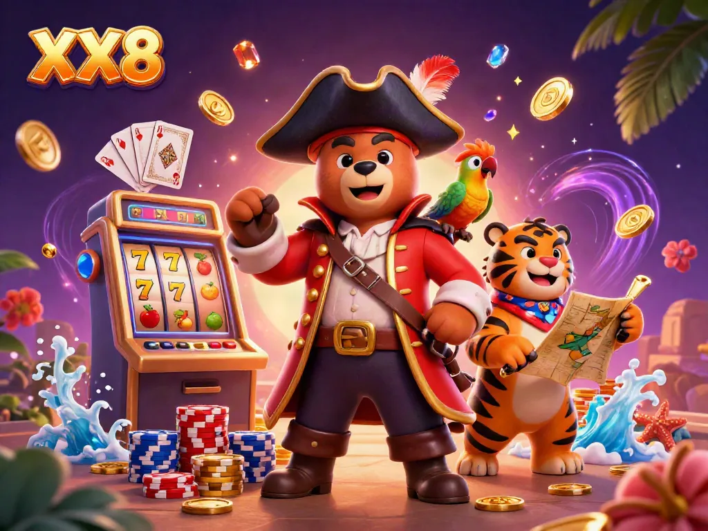 Experience the thrill of XX8 casino with a vibrant pirate scene featuring a bear captain and tiger first mate.