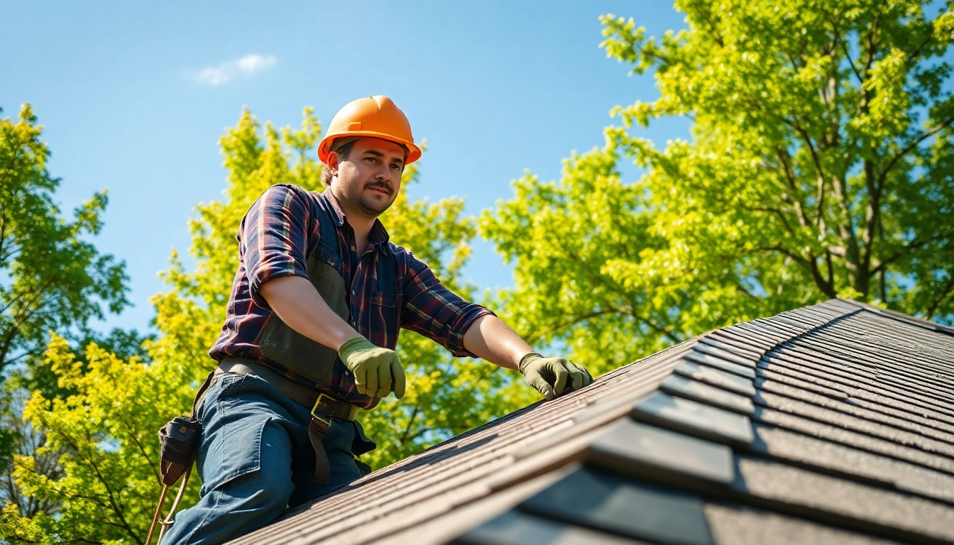 Experienced roofing contractor in Solon repairing a roof under sunny conditions.