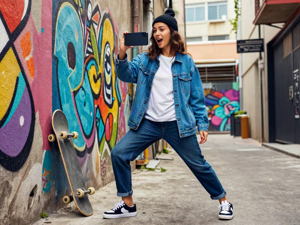 Ari Kytsya porn captured in vibrant urban fashion scene featuring model with smartphone amidst graffiti art