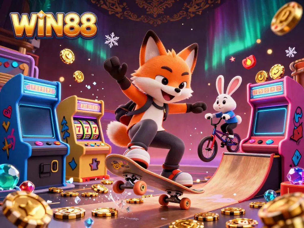 Experience thrilling gaming action at WIN88 with vibrant characters and casino elements.