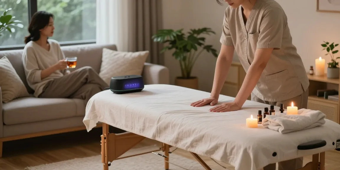 안양출장안마 - Professional therapist preparing a cozy home massage setup with calming elements and inviting atmosphere