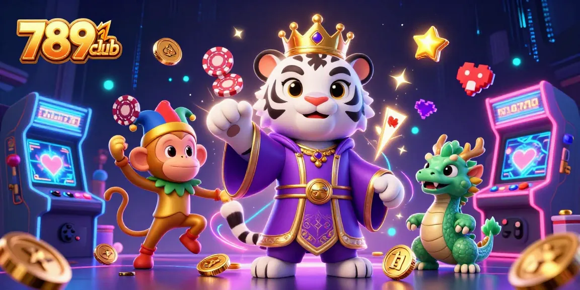Immerse yourself in the exciting world of 789club with an enchanting 3D illustration featuring a tiger, monkey, and dragon amidst vibrant casino elements.