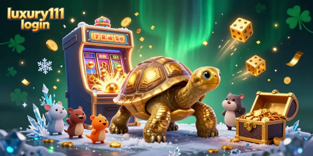Engage in winning strategies with luxury111 login as a joyful golden tortoise guides players to vibrant slot adventures.