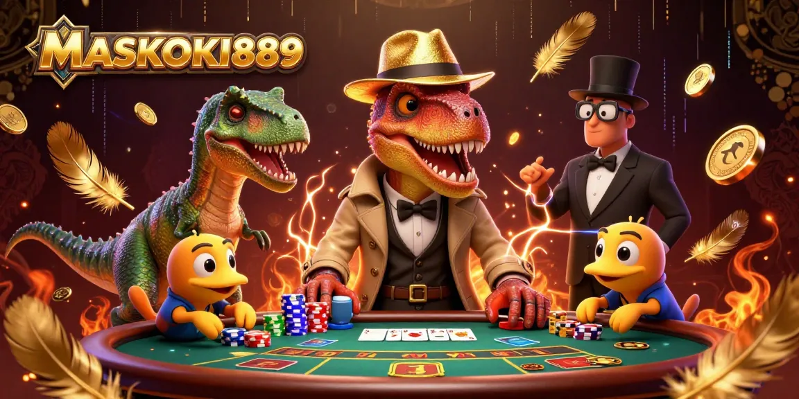 Bet on MASKOKI889 with a velociraptor card counter at a blackjack-themed 3D casino scene.