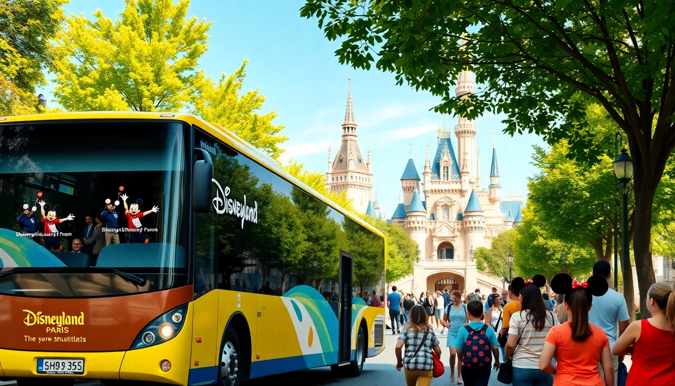 Experience seamless disneyland paris transfer with vibrant families boarding a shuttle bus in a sunny Paris setting.