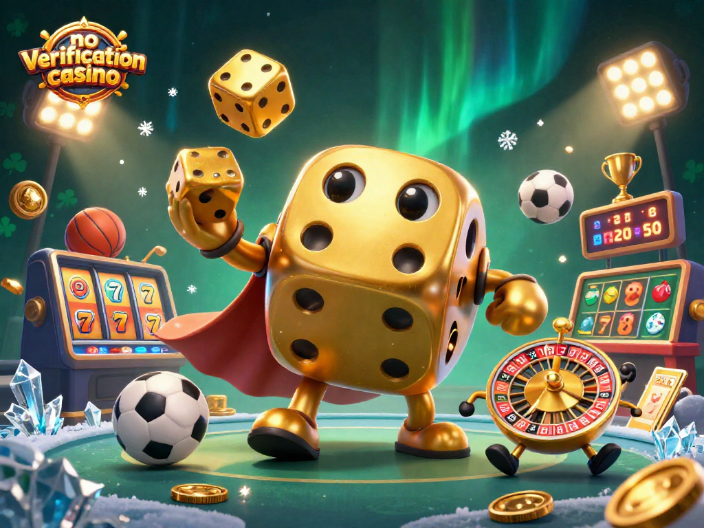 Experience the thrill at a no verification casino with 3D golden dice and lively gaming elements.