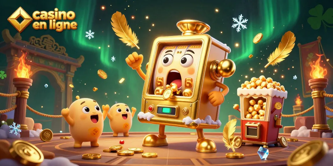 Le casino en ligne illustre un jackpot de machine à sous avec des pièces d'or et des félicitations autour.