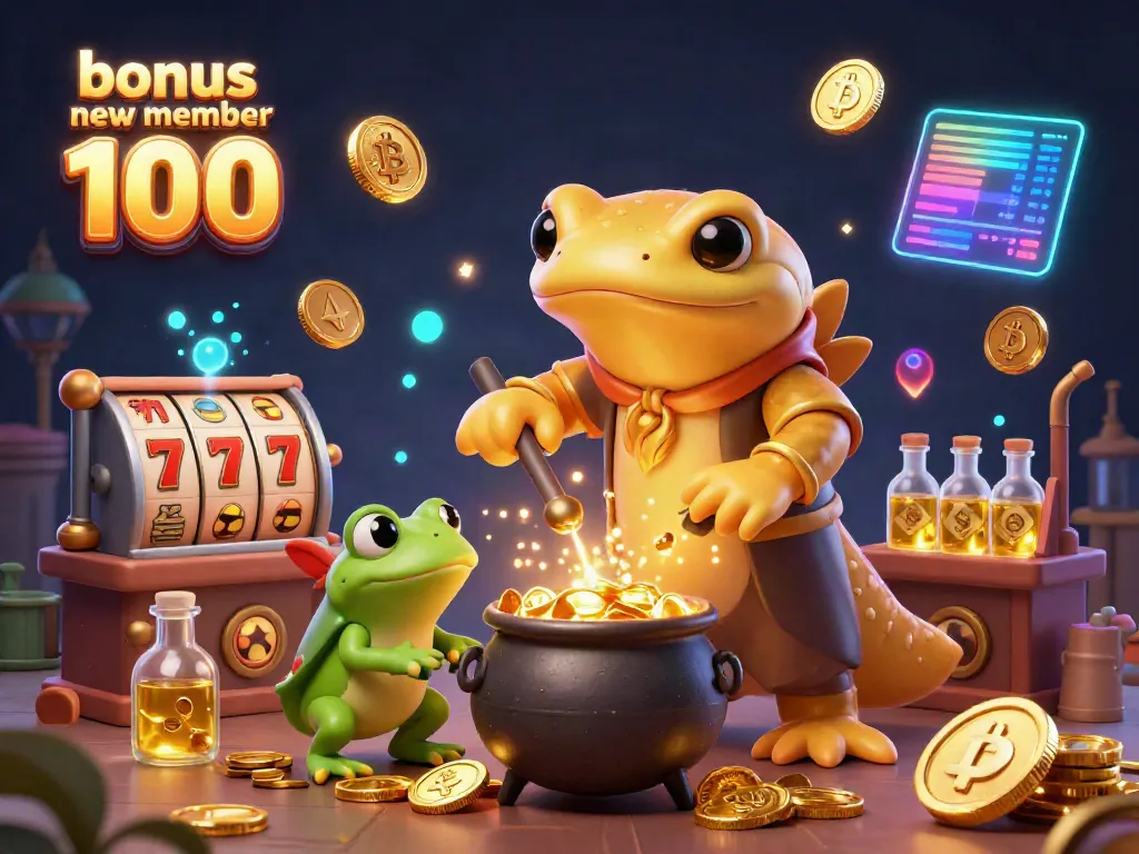 Experience the thrill of bonus new member 100 with colorful slot games surrounded by golden alchemy and crypto elements.