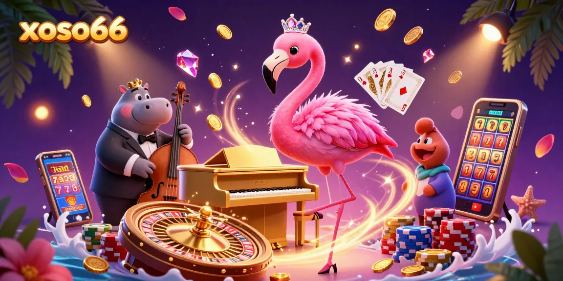 xoso66 invites players to enjoy thrilling games with vibrant characters in a colorful casino setting.