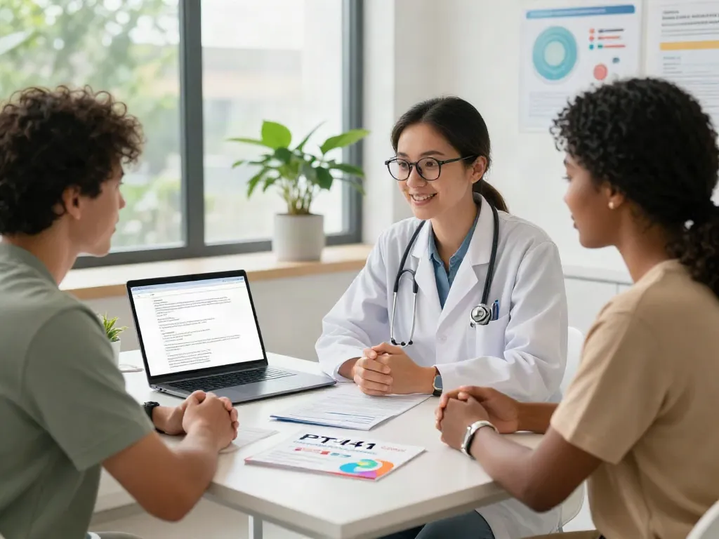 Healthcare professional explaining PT-141 benefits to a patient in a welcoming consultation room.