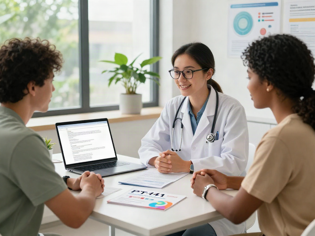 Healthcare professional explaining PT-141 benefits to a patient in a welcoming consultation room.