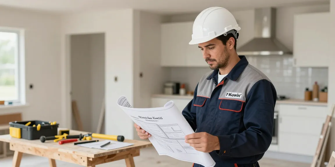 Kuwin trusted provider reviewing blueprints at a home renovation site.